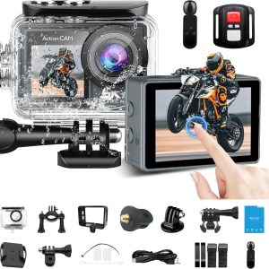 Action Camera 5K30FPS, 48MP Ultra HD Underwater Camera EIS WiFi Remote Control Dual Touchscreens Sport Cameras with 32GB SD Card, Microphone and Helmet Mount Accessories Kits
